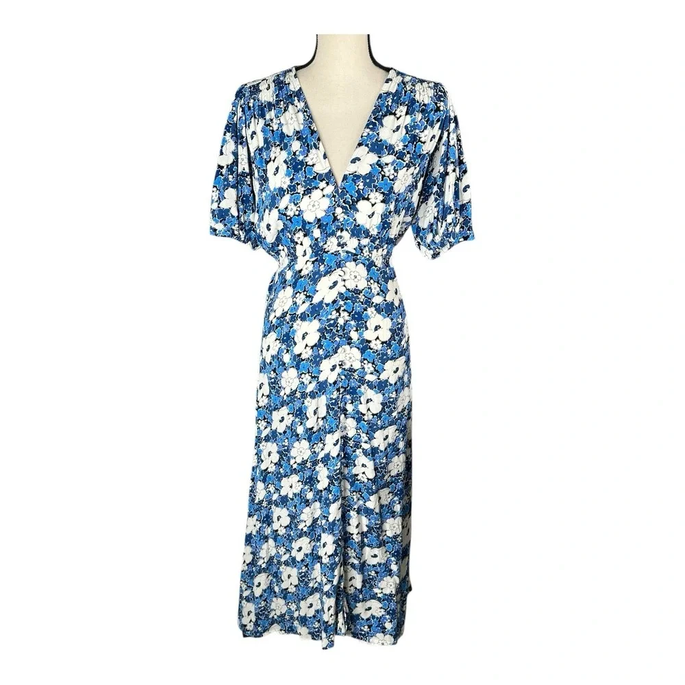 FAITHFULL THE BRAND Women's Casual White Blue Floral Midi Dress US‎ 6